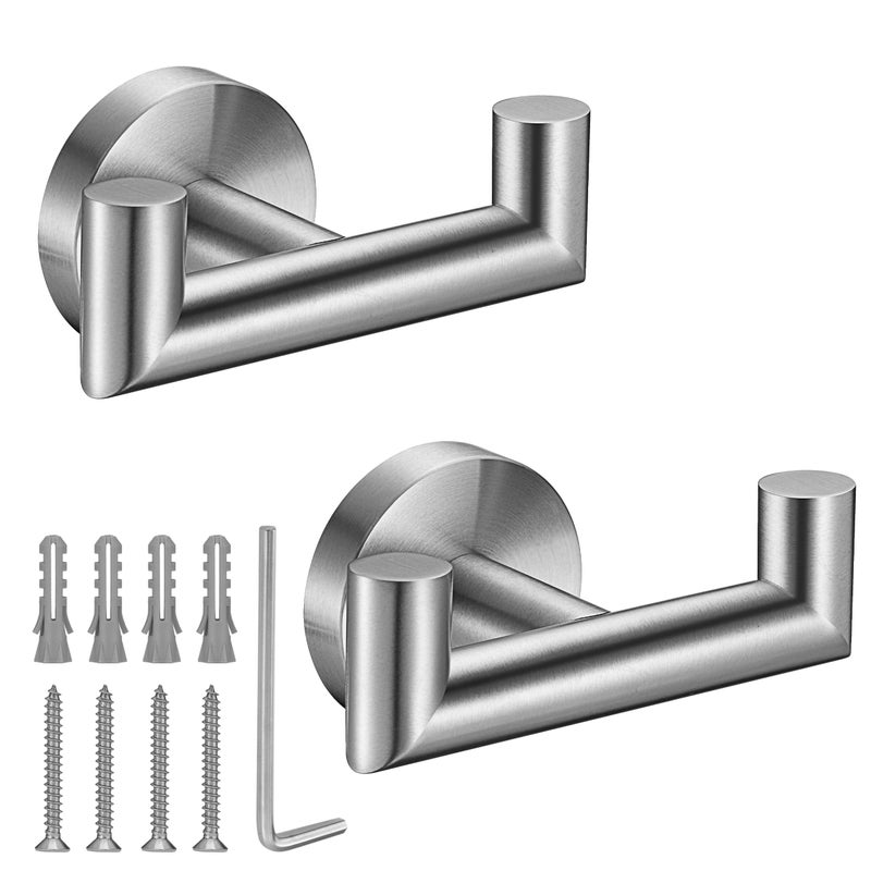 Kwanicas Towel Hooks for Bathrooms Brushed Nickel Towel Hook for Kitchen Bathroom SUS304 Stainless Steel Coat Hook Heavy Duty Double Holder Robe Hooks for Hanging Towels Coats Sponges Clothes Wall Mount 2 Pack - Image 1